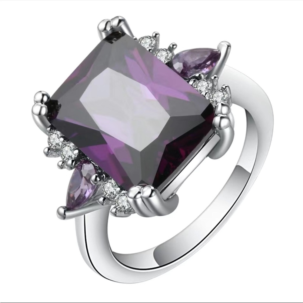 12CT Rectangle Amethyst Promise Engagement Ring Silver Plated